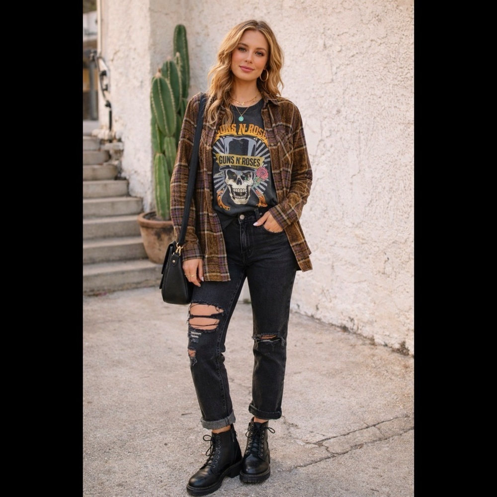 MYSTREE Washed Plaid Flannel Top